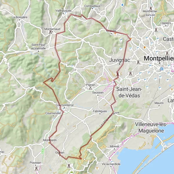 Miniature de la carte de l'inspiration cycliste "Parcours de Gravel à partir de Gigean" dans la Languedoc-Roussillon, France. Générée par le planificateur d'itinéraire cycliste Tarmacs.app
