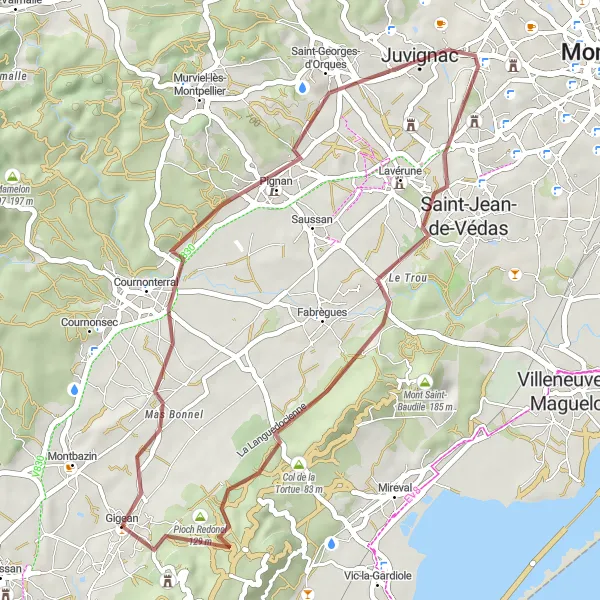 Miniature de la carte de l'inspiration cycliste "Balade en Gravel aux Environs de Gigean" dans la Languedoc-Roussillon, France. Générée par le planificateur d'itinéraire cycliste Tarmacs.app