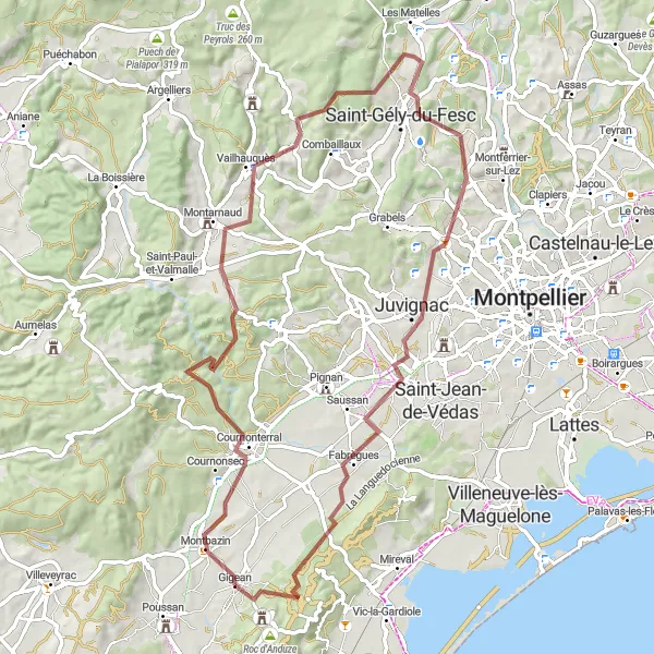 Miniature de la carte de l'inspiration cycliste "Les chemins gravel de l'arrière-pays" dans la Languedoc-Roussillon, France. Générée par le planificateur d'itinéraire cycliste Tarmacs.app