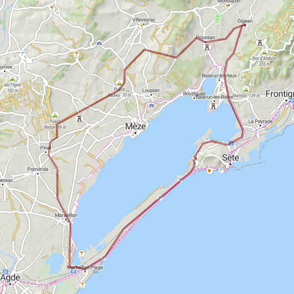 Map miniature of "Scenic Gravel Ride: Gigean to Poussan" cycling inspiration in Languedoc-Roussillon, France. Generated by Tarmacs.app cycling route planner