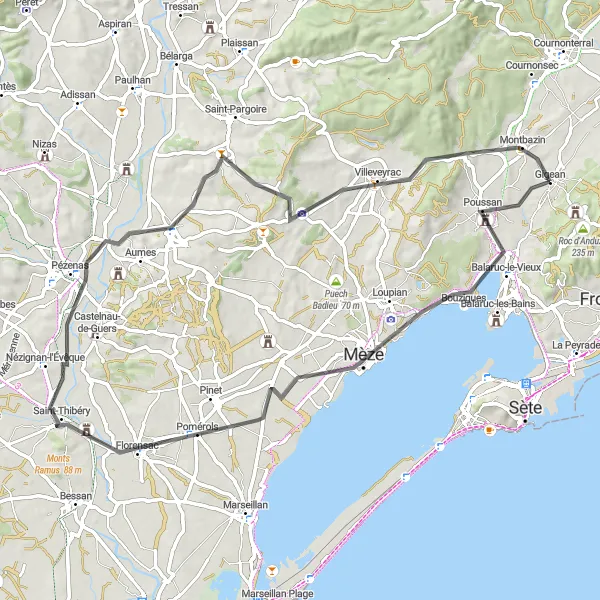 Map miniature of "Gigean to Pézenas Loop" cycling inspiration in Languedoc-Roussillon, France. Generated by Tarmacs.app cycling route planner