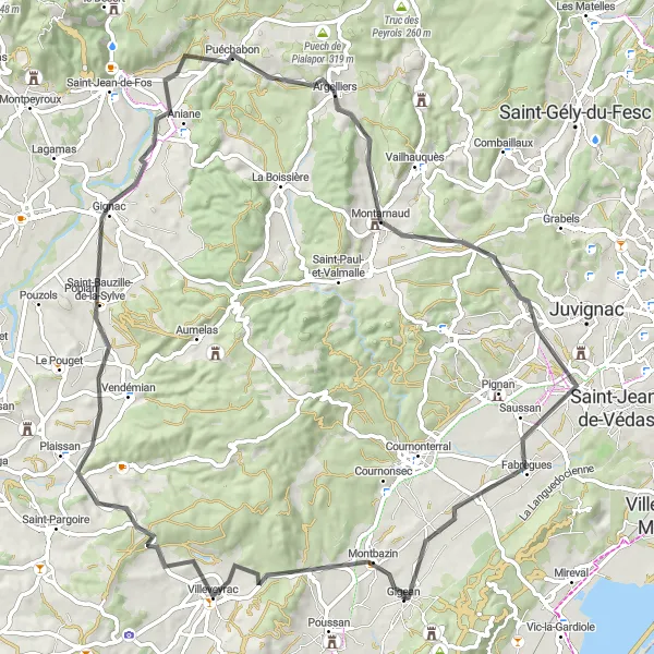 Map miniature of "Villeveyrac Adventure" cycling inspiration in Languedoc-Roussillon, France. Generated by Tarmacs.app cycling route planner