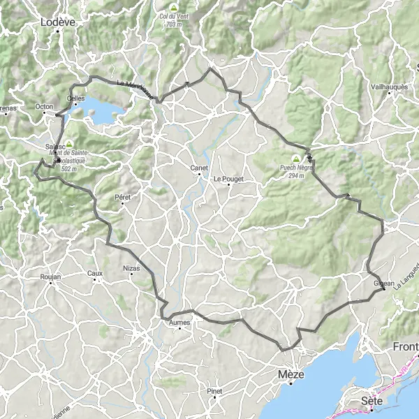 Miniature de la carte de l'inspiration cycliste "Les collines de l'arrière-pays" dans la Languedoc-Roussillon, France. Générée par le planificateur d'itinéraire cycliste Tarmacs.app