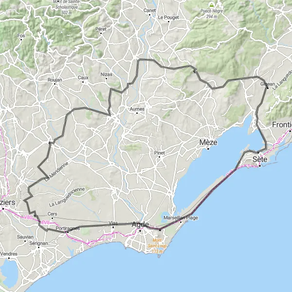 Miniature de la carte de l'inspiration cycliste "Sentier côtier de Languedoc" dans la Languedoc-Roussillon, France. Générée par le planificateur d'itinéraire cycliste Tarmacs.app