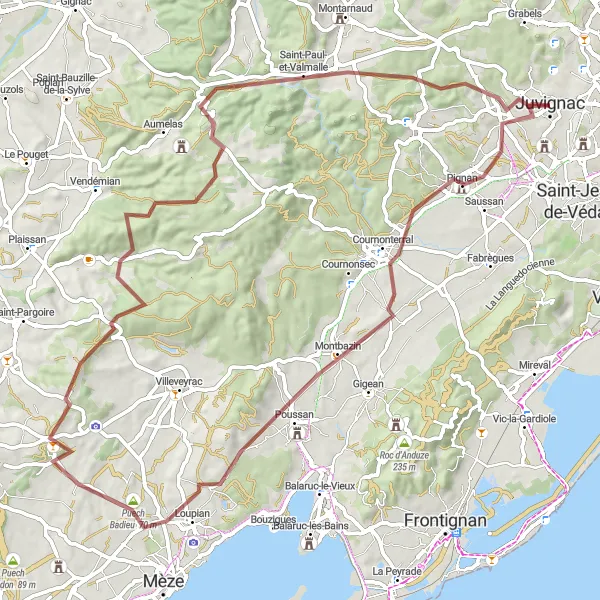 Map miniature of "Around Montbazin" cycling inspiration in Languedoc-Roussillon, France. Generated by Tarmacs.app cycling route planner