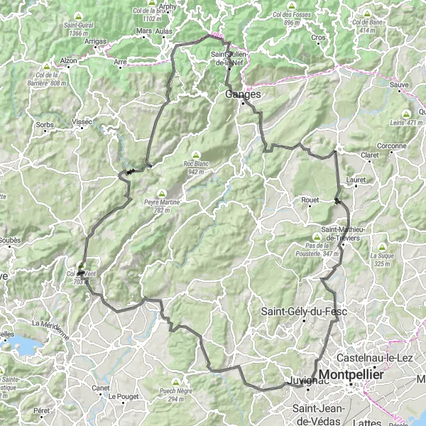 Map miniature of "Challenges of Saint-Paul-et-Valmalle" cycling inspiration in Languedoc-Roussillon, France. Generated by Tarmacs.app cycling route planner
