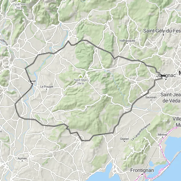 Map miniature of "Juvignac - Pignan Loop" cycling inspiration in Languedoc-Roussillon, France. Generated by Tarmacs.app cycling route planner