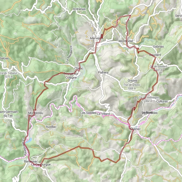 Map miniature of "La Canourgue Gravel Adventure" cycling inspiration in Languedoc-Roussillon, France. Generated by Tarmacs.app cycling route planner