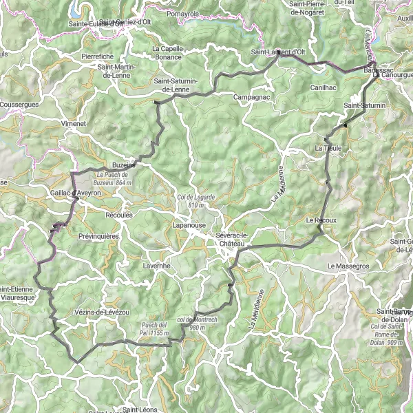 Miniature de la carte de l'inspiration cycliste "La Canourgue - Col de Montrech" dans la Languedoc-Roussillon, France. Générée par le planificateur d'itinéraire cycliste Tarmacs.app