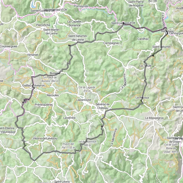 Map miniature of "The Banassac Route" cycling inspiration in Languedoc-Roussillon, France. Generated by Tarmacs.app cycling route planner