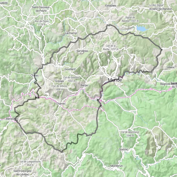 Miniature de la carte de l'inspiration cycliste "Les Châteaux du Gévaudan" dans la Languedoc-Roussillon, France. Générée par le planificateur d'itinéraire cycliste Tarmacs.app