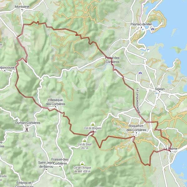 Miniature de la carte de l'inspiration cycliste "Parcours gravel au cœur des Corbières" dans la Languedoc-Roussillon, France. Générée par le planificateur d'itinéraire cycliste Tarmacs.app