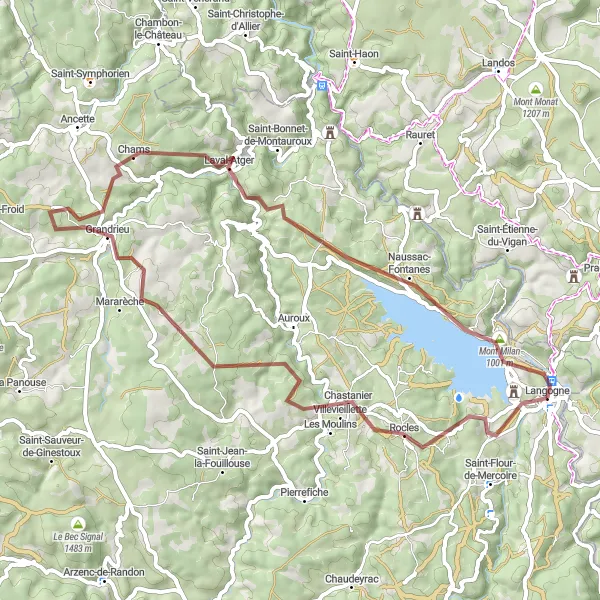 Map miniature of "Extended Gravel Adventure from Langogne" cycling inspiration in Languedoc-Roussillon, France. Generated by Tarmacs.app cycling route planner