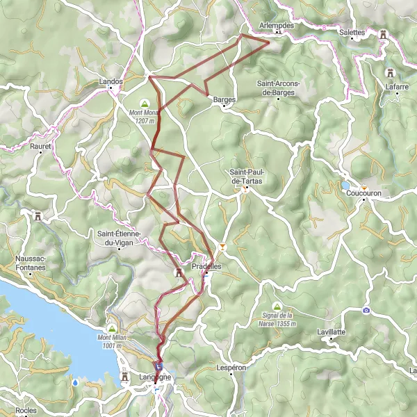 Map miniature of "Scenic Gravel Route near Langogne" cycling inspiration in Languedoc-Roussillon, France. Generated by Tarmacs.app cycling route planner