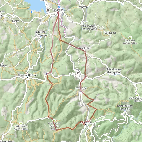 Map miniature of "Gravel Adventure near Langogne" cycling inspiration in Languedoc-Roussillon, France. Generated by Tarmacs.app cycling route planner