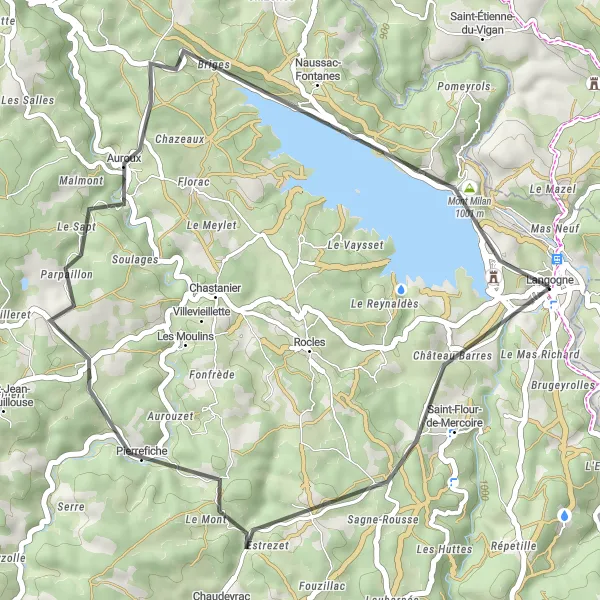 Map miniature of "Scenic Road Bike Route from Langogne" cycling inspiration in Languedoc-Roussillon, France. Generated by Tarmacs.app cycling route planner