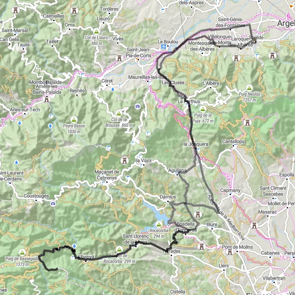 Map miniature of "Road Cycling Adventure in Languedoc-Roussillon" cycling inspiration in Languedoc-Roussillon, France. Generated by Tarmacs.app cycling route planner