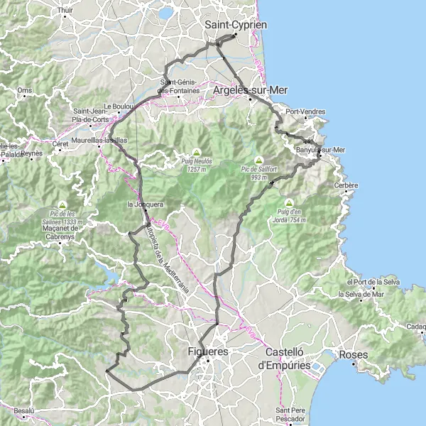 Map miniature of "Legendary Ride: From Latour-Bas-Elne to la Jonquera" cycling inspiration in Languedoc-Roussillon, France. Generated by Tarmacs.app cycling route planner