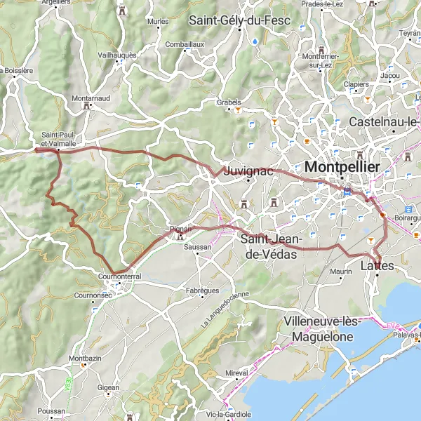 Map miniature of "The Scenic Gravel Ride" cycling inspiration in Languedoc-Roussillon, France. Generated by Tarmacs.app cycling route planner