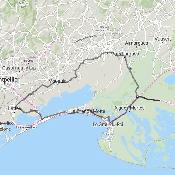 Map miniature of "The Coastal Delight" cycling inspiration in Languedoc-Roussillon, France. Generated by Tarmacs.app cycling route planner
