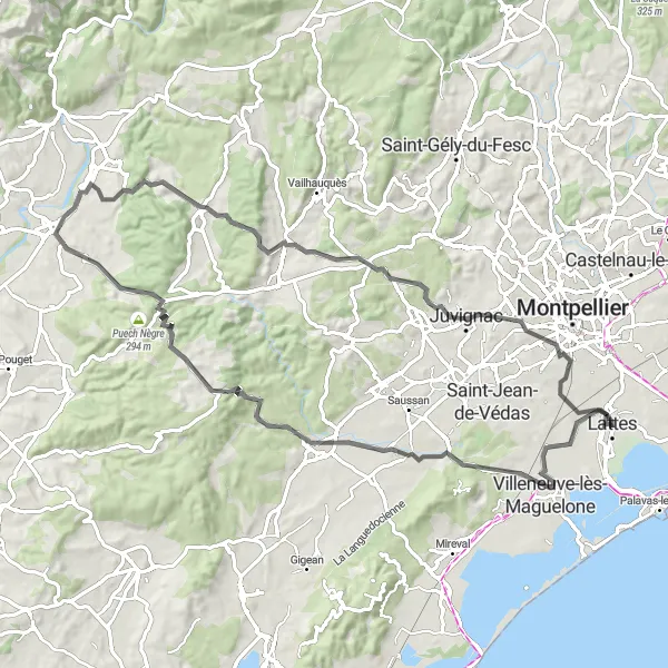 Map miniature of "Lattes to Observatoire ornithologique via Fabrègues" cycling inspiration in Languedoc-Roussillon, France. Generated by Tarmacs.app cycling route planner