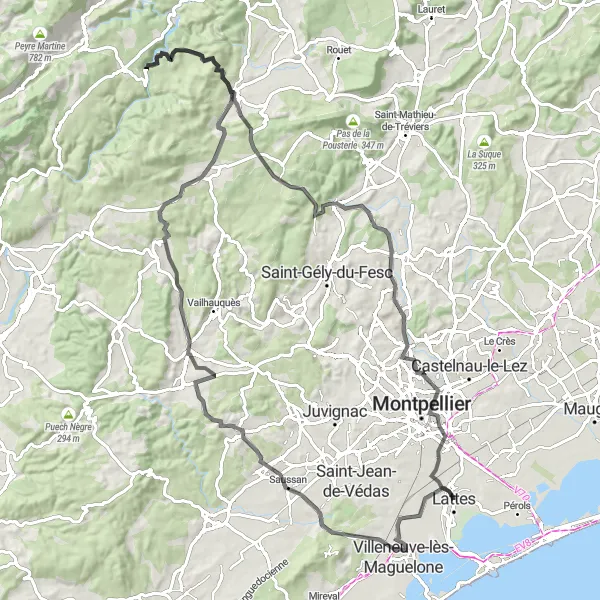 Map miniature of "The Hilly Adventure" cycling inspiration in Languedoc-Roussillon, France. Generated by Tarmacs.app cycling route planner