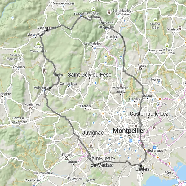 Map miniature of "Lattes to Observatoire ornithologique via Pic Saint-Loup" cycling inspiration in Languedoc-Roussillon, France. Generated by Tarmacs.app cycling route planner
