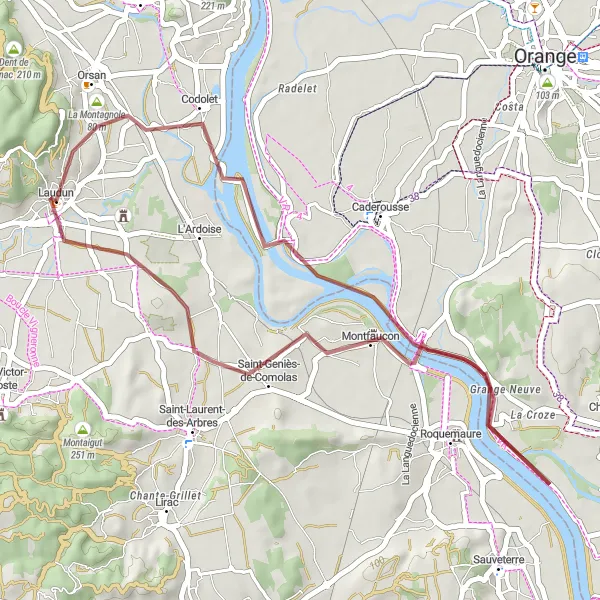 Map miniature of "Gravel route through enchanting natural and historic sites" cycling inspiration in Languedoc-Roussillon, France. Generated by Tarmacs.app cycling route planner