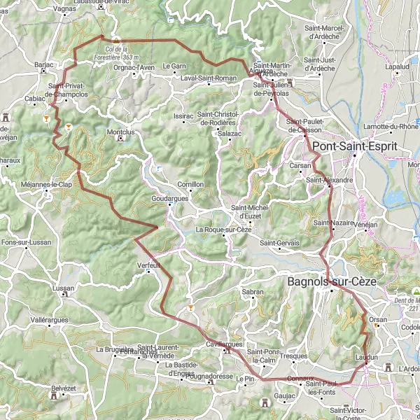 Map miniature of "Laudun-l'Ardoise Gravel Adventure" cycling inspiration in Languedoc-Roussillon, France. Generated by Tarmacs.app cycling route planner