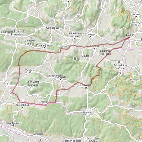Map miniature of "Scenic gravel route through medieval villages" cycling inspiration in Languedoc-Roussillon, France. Generated by Tarmacs.app cycling route planner