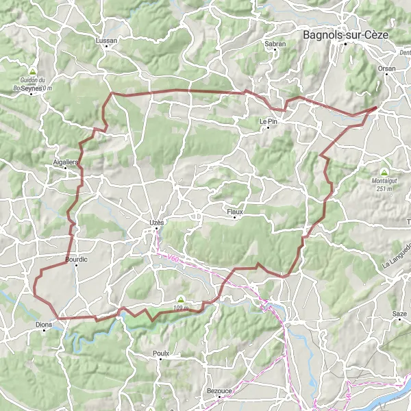 Map miniature of "Exploring the Gravel Paths of Laudun-l'Ardoise" cycling inspiration in Languedoc-Roussillon, France. Generated by Tarmacs.app cycling route planner