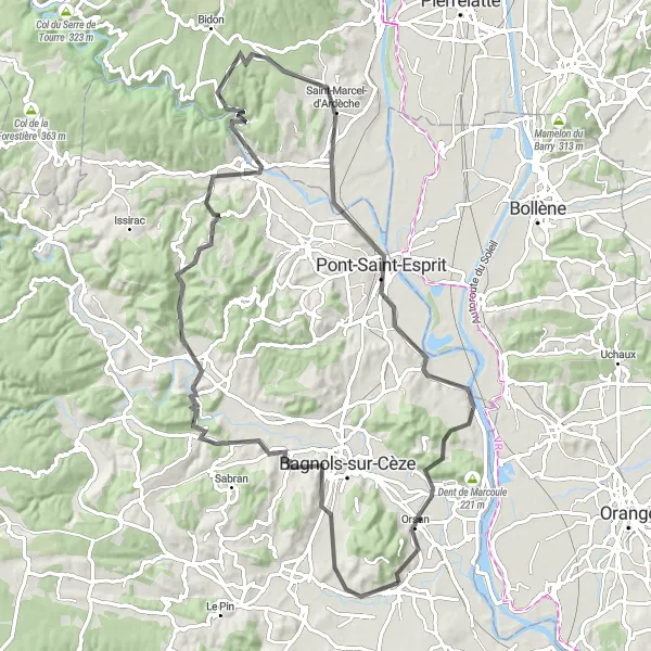 Map miniature of "The Aiguèze Adventure" cycling inspiration in Languedoc-Roussillon, France. Generated by Tarmacs.app cycling route planner