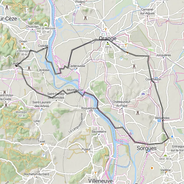 Map miniature of "Road cycling adventure through historic landmarks" cycling inspiration in Languedoc-Roussillon, France. Generated by Tarmacs.app cycling route planner