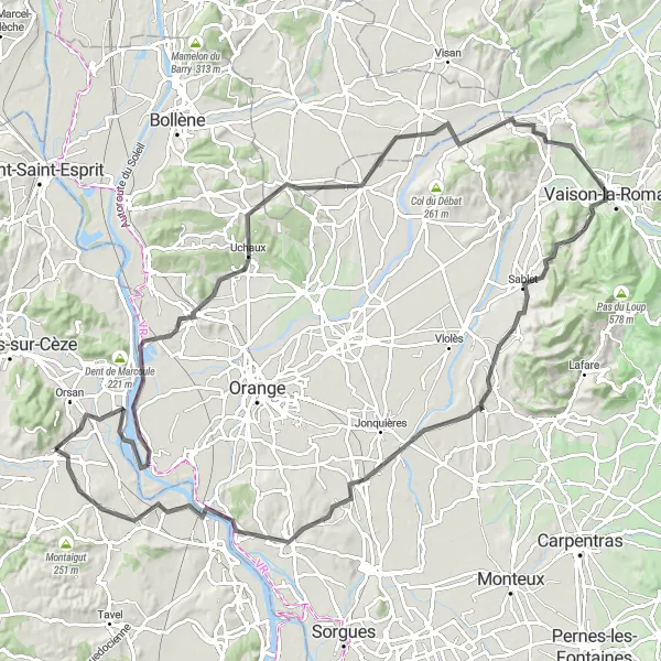 Map miniature of "Challenging road route through Provence and Palaces" cycling inspiration in Languedoc-Roussillon, France. Generated by Tarmacs.app cycling route planner