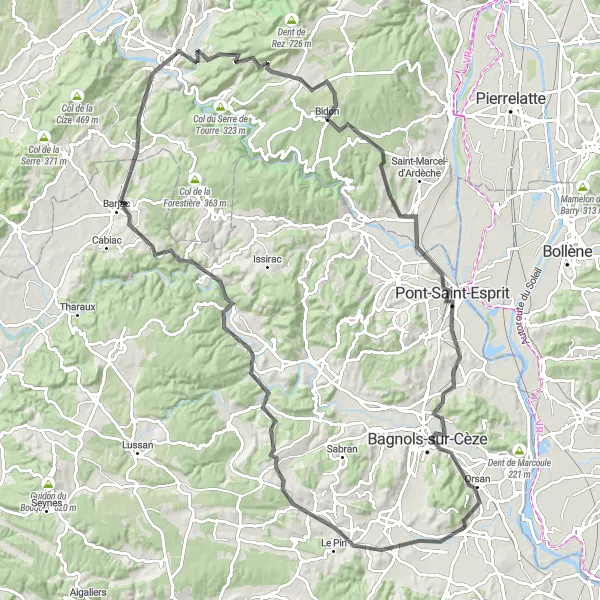 Map miniature of "The Pont-Saint-Esprit Loop" cycling inspiration in Languedoc-Roussillon, France. Generated by Tarmacs.app cycling route planner
