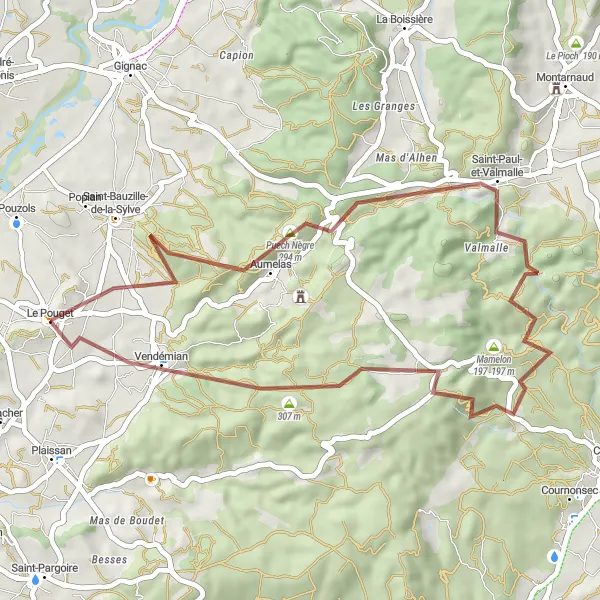 Map miniature of "Aumelas to Le Pouget Gravel Ride" cycling inspiration in Languedoc-Roussillon, France. Generated by Tarmacs.app cycling route planner