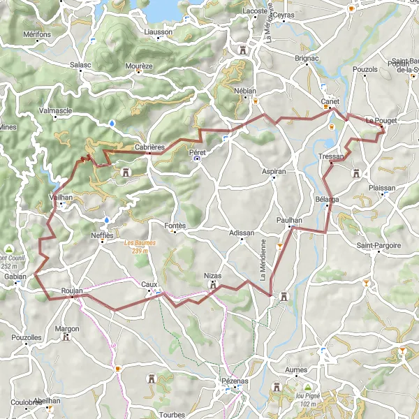 Map miniature of "Gravel Ride through Roujan to Le Pouget" cycling inspiration in Languedoc-Roussillon, France. Generated by Tarmacs.app cycling route planner