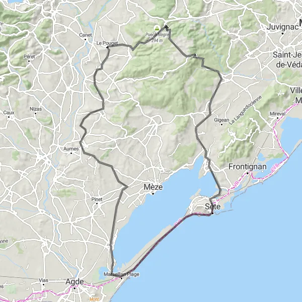 Map miniature of "Sète to Mont Saint-Clair Road Ride" cycling inspiration in Languedoc-Roussillon, France. Generated by Tarmacs.app cycling route planner