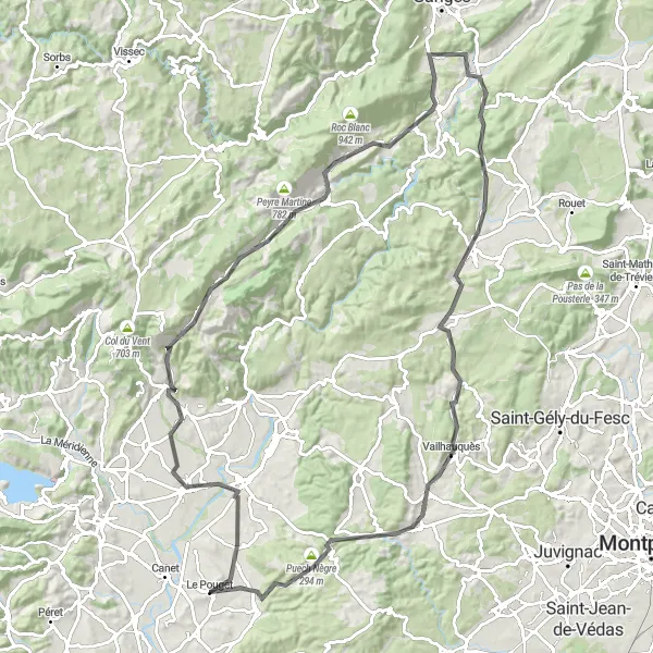 Map miniature of "Le Pouget – Col de la Cardonille Loop" cycling inspiration in Languedoc-Roussillon, France. Generated by Tarmacs.app cycling route planner