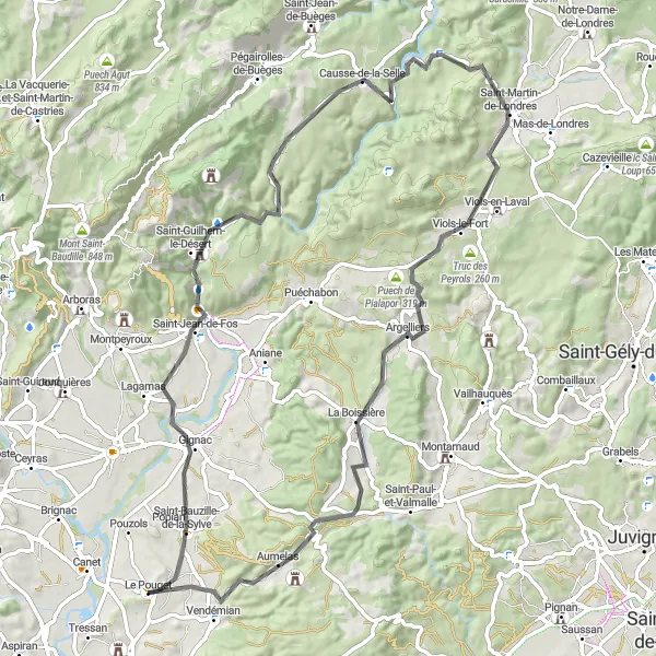 Map miniature of "Le Pouget – Viols-en-Laval Loop" cycling inspiration in Languedoc-Roussillon, France. Generated by Tarmacs.app cycling route planner