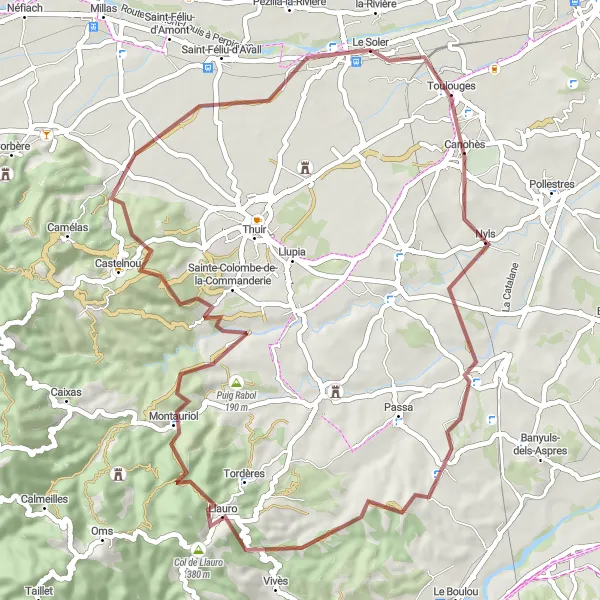 Map miniature of "Gravel Adventure Around Le Soler" cycling inspiration in Languedoc-Roussillon, France. Generated by Tarmacs.app cycling route planner