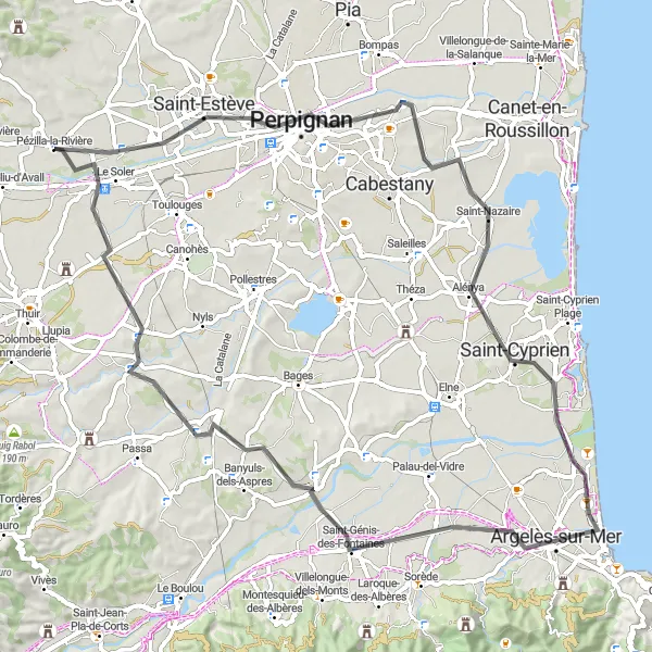Map miniature of "The Perpignan Adventure" cycling inspiration in Languedoc-Roussillon, France. Generated by Tarmacs.app cycling route planner