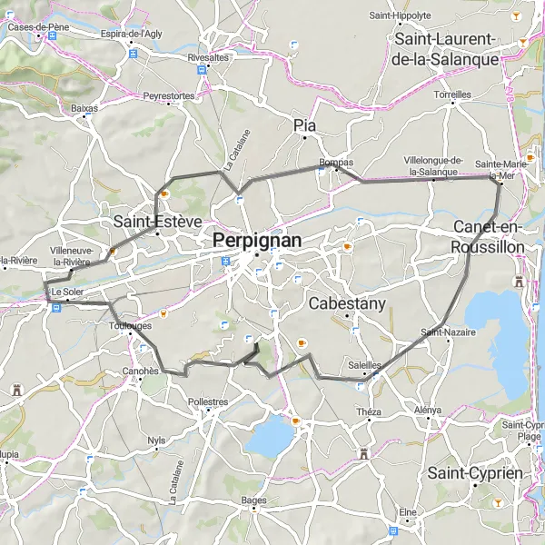 Map miniature of "The Canet-en-Roussillon Circuit" cycling inspiration in Languedoc-Roussillon, France. Generated by Tarmacs.app cycling route planner