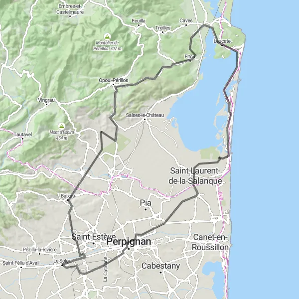 Map miniature of "The Fitou Challenge" cycling inspiration in Languedoc-Roussillon, France. Generated by Tarmacs.app cycling route planner