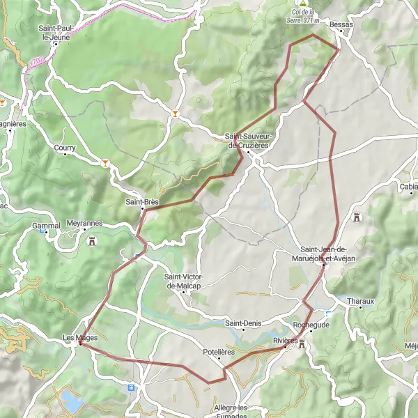 Map miniature of "Gravel Cycling Route from Les Mages to Saint-Julien-de-Cassagnas" cycling inspiration in Languedoc-Roussillon, France. Generated by Tarmacs.app cycling route planner