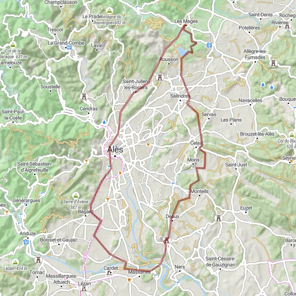 Map miniature of "Gravel Adventure" cycling inspiration in Languedoc-Roussillon, France. Generated by Tarmacs.app cycling route planner