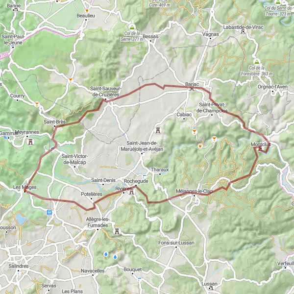 Map miniature of "Gravel Cycling Route from Les Mages to Méjannes-le-Clap" cycling inspiration in Languedoc-Roussillon, France. Generated by Tarmacs.app cycling route planner