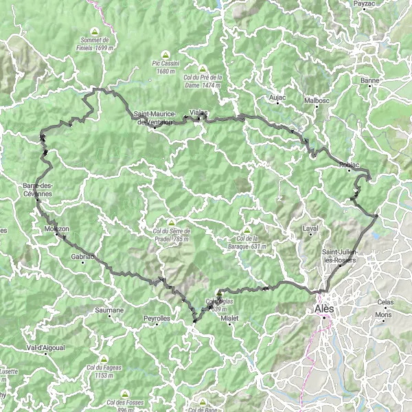 Map miniature of "Les Mages and Surrounding Valleys" cycling inspiration in Languedoc-Roussillon, France. Generated by Tarmacs.app cycling route planner