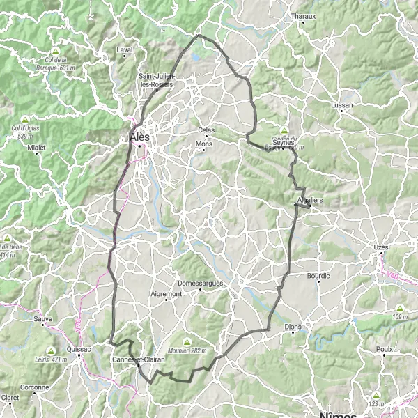 Map miniature of "Chateaus and Climbs" cycling inspiration in Languedoc-Roussillon, France. Generated by Tarmacs.app cycling route planner