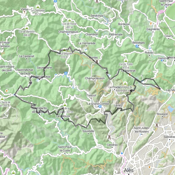 Map miniature of "Mountain Challenge" cycling inspiration in Languedoc-Roussillon, France. Generated by Tarmacs.app cycling route planner